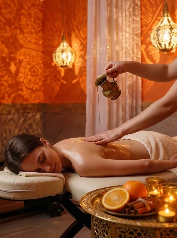 Orientalische Sonne Ölmassage mit warmem Öl im orientalischen Massageraum des Marasim Spa, goldener Beistelltisch mit Orangen und Zimt