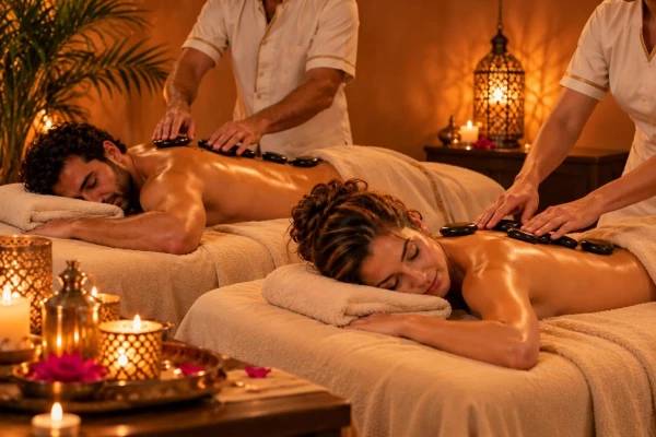 Orientalische Winternacht Paar bei der Hot-Stone-Massage im Marasim Spa, warme Steine auf dem Rücken