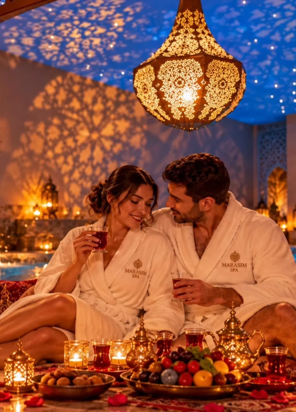 Wintermärchen aus Tausendundeiner Nacht Paar in Marasim-Bademänteln bei Tee und Obst unter einer orientalischen Laterne